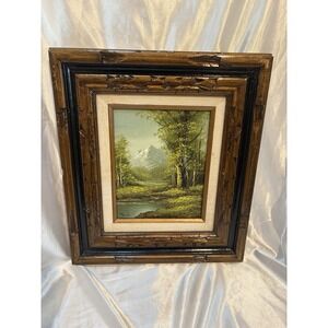 Vtg Original Oil Painting Landscape Lake Mountains Trees Signed Art Framed 17x15